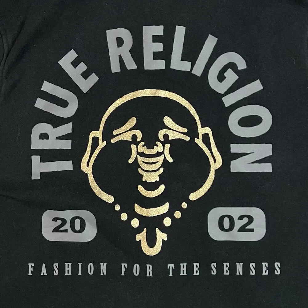 TRUE RELIGION Jeans Black Full Zip Hoodie Buddha Foil Gold Men Sz L Fashion